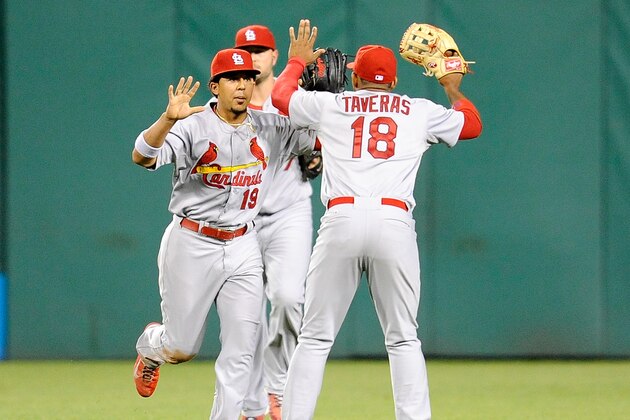 PITTSBURGH, PA - AUGUST 25: Jon Jay #19 celebrates with Oscar Taveras #18 of the St. Louis Cardinals after a 3-2 win over the Pittsburgh Pirates on August 25, 2014 at PNC Park in Pittsburgh, Pennsylvania. (Photo by Joe Sargent/Getty Images) PITTSBURGH, PA - AUGUST 25: Jon Jay #19 celebrates with Oscar Taveras #18 of the St. Louis Cardinals after a 3-2 win over the Pittsburgh Pirates on August 25, 2014 at PNC Park in Pittsburgh, Pennsylvania. (Photo by Joe Sargent/Getty Images)