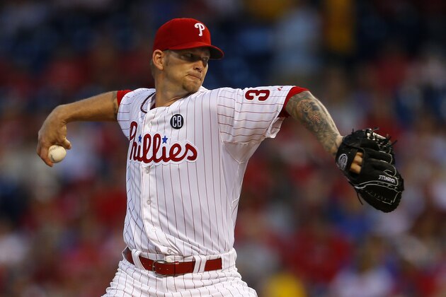 PHILADELPHIA, PA - AUGUST 25:  A.J. Burnett #34 of the Philadelphia Phillies delivers a pitch against the Washington Nationals during the second inning in a game at Citizens Bank Park on August 25, 2014 in Philadelphia, Pennsylvania. (Photo by Rich Schultz/Getty Images)