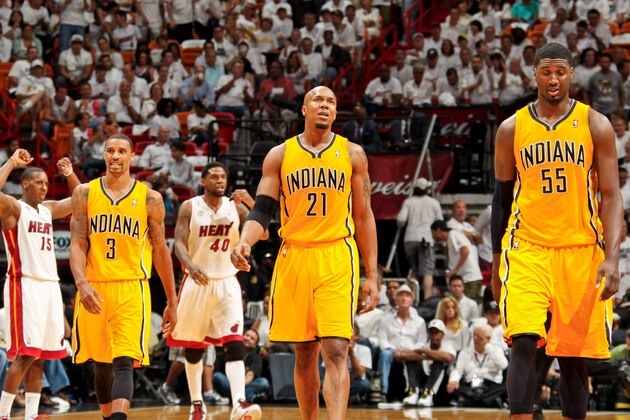 MIAMI, FL - MAY 22: Indiana Pacers players, from left, George Hill #3, David West #21, and Roy Hibbert #55 wait to resume play against the Miami Heat in Game One of the Eastern Conference Finals during the 2013 NBA Playoffs on May 22, 2013 at American Airlines Arena in Miami, Florida. NOTE TO USER: User expressly acknowledges and agrees that, by downloading and/or using this photograph, user is consenting to the terms and conditions of the Getty Images License Agreement. Mandatory copyright notice: Copyright NBAE 2013 (Photo by Issac Baldizon/NBAE via Getty Images)