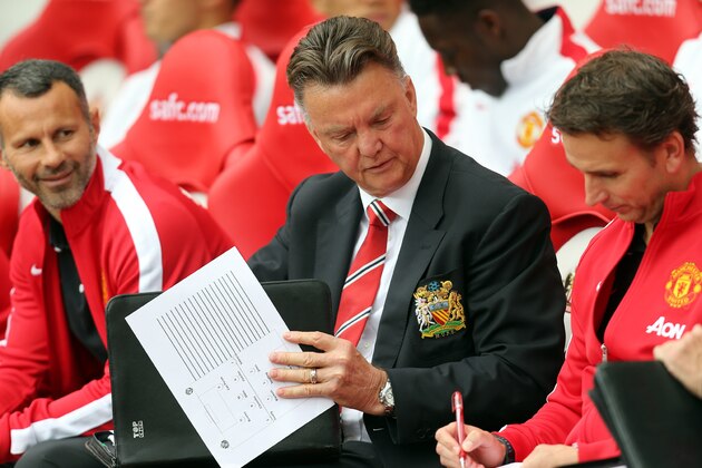 Manchester United's manager Louis Van Gaal looks on ahead of their English Premier League soccer match against Sunderland at the Stadium of Light, Sunderland, England, Sunday, Aug. 24, 2014. (AP Photo/Scott Heppell)