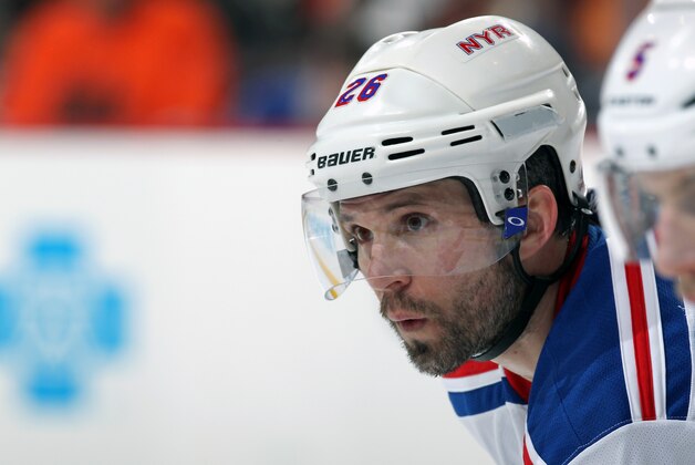 PHILADELPHIA, PA - APRIL 22:  Martin St. Louis #26 of the New York Rangers looks on against the Philadelphia Flyers in Game Three of the First Round of the 2014 Stanley Cup Playoffs at the Wells Fargo Center on April 22, 2014 in Philadelphia, Pennsylvania.  (Photo by Len Redkoles/NHLI via Getty Images)