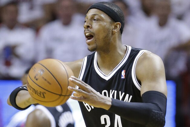 Brooklyn Nets forward Paul Pierce is shown during the first half of Game 2 of an Eastern Conference semifinal basketball game against the Miami Heat, Thursday, May 8, 2014 in Miami. (AP Photo/Wilfredo Lee)