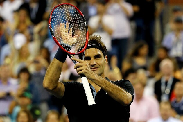 NEW YORK, NY - AUGUST 26:  Roger Federer of Switzerland reacts after defeating Marinko Matosevic of Australia during their men's singles first round match on Day Two of the 2014 US Open at the USTA Billie Jean King National Tennis Center on August 26, 2014  in the Flushing neighborhood of the Queens borough of New York City.  (Photo by Al Bello/Getty Images)
