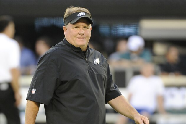 Philadelphia Eagles head coach Chip Kelly walks on the field before a preseason NFL football game against the New York Jets, Thursday, Aug. 29, 2013, in East Rutherford, N.J. (AP Photo/Bill Kostroun)