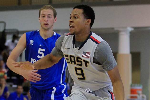 Jul 18, 2013; Washington, DC, USA; Team USA East player Isaiah Briscoe (9) dribbles the ball against Team France during the Nike Global Challenge at Trinity University in Washington, DC. Mandatory Credit: Geoff Burke-USA TODAY Sports
