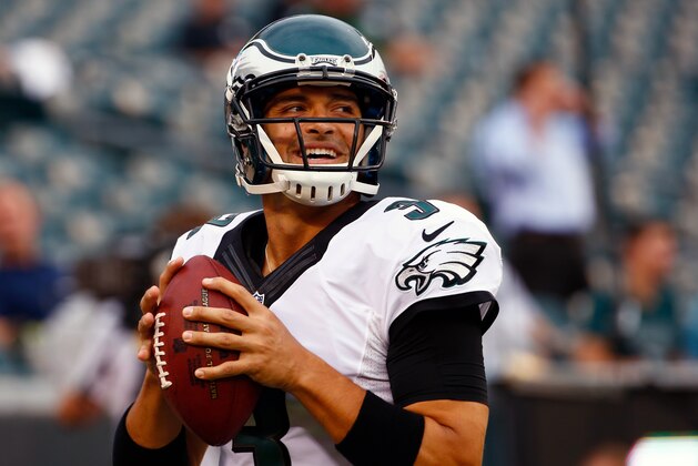 Philadelphia Eagles' Mark Sanchez warms up before an NFL preseason football game against the Pittsburgh Steelers, Thursday, Aug. 21, 2014, in Philadelphia. (AP Photo/Matt Rourke)