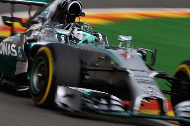SPA, BELGIUM - AUGUST 22:  Nico Rosberg of Germany and Mercedes GP drives during practice ahead of the Belgian Grand Prix at Circuit de Spa-Francorchamps on August 22, 2014 in Spa, Belgium.  (Photo by Clive Mason/Getty Images)