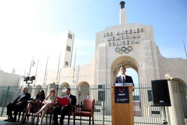 IMAGE DISTRIBUTED FOR LA MARATHON LLC - Los Angeles Mayor Eric Garcetti speaks at a USATF press conference to announce that Los Angeles will host the Men's and Women's 2016 U.S. Olympic Team Trials - Marathon, at the Los Angeles Memorial Coliseum on Wednesday, Jan. 29, 2014 in Los Angeles. (Photo by Matt Sayles/Invision for LA MARATHON LLC/AP Images)