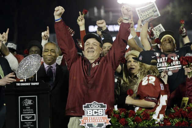 Florida State head coach Jimbo Fisher reacts after the NCAA BCS National Championship college football game against Auburn Monday, Jan. 6, 2014, in Pasadena, Calif. Florida State won 34-31. (AP Photo/David J. Phillip)