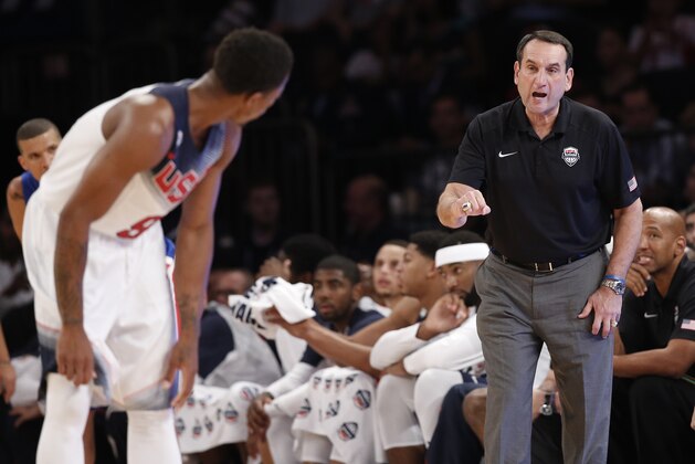 U.S. coach Mike Krzyzewski calls to guard DeMar DeRozan (9) in the first half of an exhibition basketball game against the Dominican Republic at Madison Square Garden in New York, Wednesday, Aug. 20, 2014.  (AP Photo/Kathy Willens)