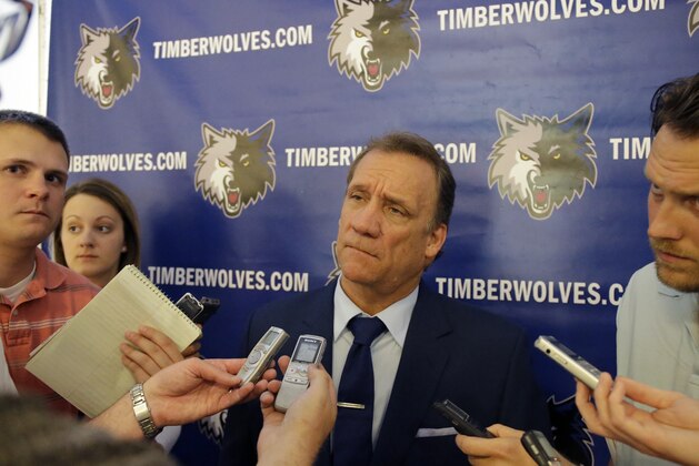 Minnesota Timberwolves team president of basketball operations and new head coach Flip Saunders listens to a question during a media availability in Minneapolis, Friday, June 6, 2014.  (AP Photo/Ann Heisenfelt)