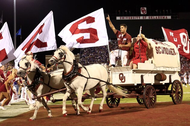 The Sooner Schooner and the Ruf Neks ride off the field after a Oklahoma touchdown against TCU during the second half of an NCAA college football game on Saturday, Oct. 5, 2013, in Norman, Okla. (AP Photo/Alonzo Adams) The Sooner Schooner and the Ruf Neks ride off the field after a Oklahoma touchdown against TCU during the second half of an NCAA college football game on Saturday, Oct. 5, 2013, in Norman, Okla. (AP Photo/Alonzo Adams)