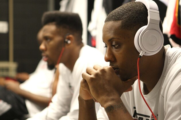 SAN ANTONIO, TX - JUNE 13:  Norris Cole #30 of the Miami Heat and Mario Chalmers #15 of the Miami Heat are seen in the locker room prior to Game Four of the 2013 NBA Finals between the Miami Heat and the San Antonio Spurs  on June 13, 2013 at AT&T Center in San Antonio, Texas. NOTE TO USER: User expressly acknowledges and agrees that, by downloading and or using this photograph, User is consenting to the terms and conditions of the Getty Images License Agreement. Mandatory Copyright Notice: Copyright 2013 NBAE (Photo by Issac Baldizon/NBAE via Getty Images)