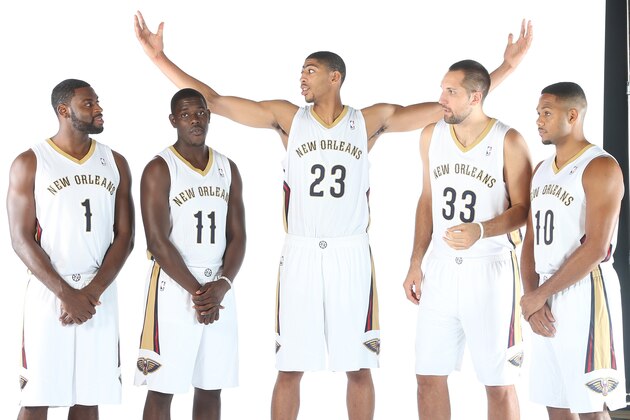 METAIRIE, LA - SEPTEMBER 30: Tyreke Evans #1 Jrue Holiday #11, Anthony Davis #23, Ryan Anderson #33 and Eric Gordon #10 of The New Orleans Pelicans pose for photos during NBA Media Day on September 30, 2013 at the New Orleans Pelicans practice facility in Metairie, Louisiana. NOTE TO USER: User expressly acknowledges and agrees that, by downloading and or using this Photograph, user is consenting to the terms and conditions of the Getty Images License Agreement. Mandatory Copyright Notice: Copyright 2013 NBAE (Photo by Layne Murdoch/NBAE via Getty Images)