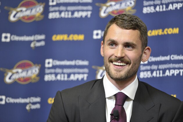 INDEPENDENCE, OH - AUGUST 26:  Kevin Love #0 of the Cleveland Cavaliers is introduced to the media at The Cleveland Clinic Courts on August 26, 2014 in Independence, Ohio in Cleveland, Ohio. NOTE TO USER: User expressly acknowledges and agrees that, by downloading and/or using this Photograph, user is consenting to the terms and conditions of the Getty Images License Agreement. Mandatory Copyright Notice: Copyright 2014 NBAE (Photo by David Liam Kyle/NBAE via Getty Images)