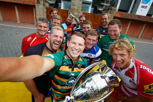 LONDON, ENGLAND - AUGUST 27:  Alistair Hargreaves of Saracens, Geoff Parling of Leicester Tigers,  Will Welch of Newcastle Falcons,  Dean Mumm of Exeter Chiefs,  James Haskell of Wasps, Daniel Braid of Sale Sharks,  Dylan Hartley of Northampton Saints,  Billy Twelvetrees of Gloucester Rugby,  Joe Marler of Harlequins,  Stuart Hooper of Bath Rugby, Tom May of London Welsh pose for a selfie during the Aviva Premiership Rugby 2014-2015 Season Launch at Twickenham Stadium on August 27, 2014 in London, England.  (Photo by Clive Rose/Getty Images for Aviva)