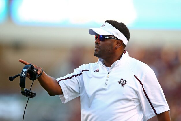 Sep 21, 2013; College Station, TX, USA; Texas A&M Aggies head coach Kevin Sumlin reacts against the SMU Mustangs at Kyle Field. Mandatory Credit: Mark J. Rebilas-USA TODAY Sports Sep 21, 2013; College Station, TX, USA; Texas A&M Aggies head coach Kevin Sumlin reacts against the SMU Mustangs at Kyle Field. Mandatory Credit: Mark J. Rebilas-USA TODAY Sports