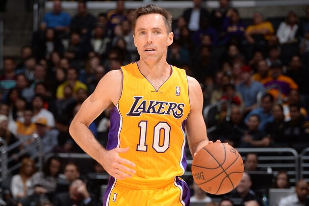 LOS ANGELES, CA - APRIL 1:   Steve Nash #10 of the Los Angeles Lakers dribbles the ball against the Portland Trail Blazers at Staples Center on April 1, 2014 in Los Angeles, California. NOTE TO USER: User expressly acknowledges and agrees that, by downloading and/or using this Photograph, user is consenting to the terms and conditions of the Getty Images License Agreement. Mandatory Copyright Notice: Copyright 2014 NBAE (Photo by Andrew D. Bernstein/NBAE via Getty Images)