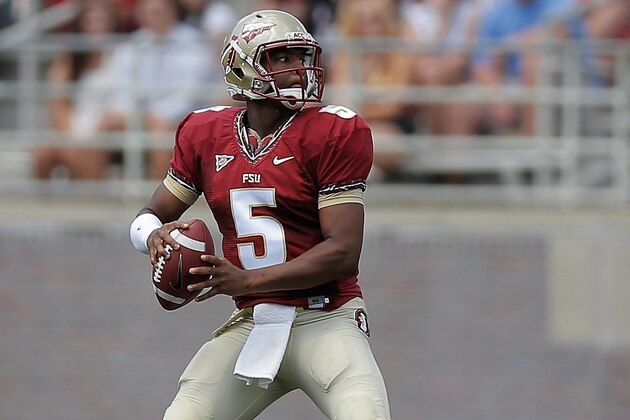 TALLAHASSEE, FL - APRIL 12:  Jameis Winston #5 of the Garnet team drops back to pass against the Gold team during Florida State's Garnet and Gold spring game at Doak Campbell Stadium on April 12, 2014 in Tallahassee, Florida.  (Photo by Stacy Revere/Getty Images)