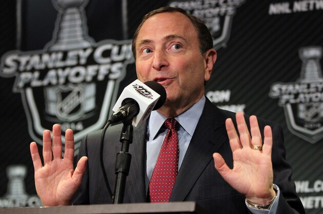 PHILADELPHIA, PA - APRIL 22:  NHL Commissioner Gary Bettman speaks to the media prior to the Philadelphia Flyers playing the New York Rangers in Game Three of the First Round of the 2014 Stanley Cup Playoffs at the Wells Fargo Center on April 22, 2014 in Philadelphia, Pennsylvania.  (Photo by Len Redkoles/NHLI via Getty Images)