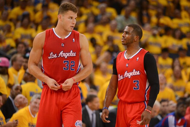 May 1, 2014; Oakland, CA, USA; Los Angeles Clippers forward Blake Griffin (32) talks to guard Chris Paul (3) during the third quarter in game six of the first round of the 2014 NBA Playoffs against the Golden State Warriors at Oracle Arena. The Warriors defeated the Clippers 100-99. Mandatory Credit: Kyle Terada-USA TODAY Sports