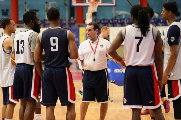 EL TABLERO, GRAN CANARIA, SPAIN - AUGUST 25: Mike Krzyzewski of the USA Basketball Men's National Team talks during practice on August 24, 2014 at Pabellon de El Tablero Practice Facility in El Tablero, Gran Canaria, Spain. NOTE TO USER: User expressly acknowledges and agrees that, by downloading and or using this photograph, user is consenting to the terms and conditions of the Getty Images License Agreement. Mandatory Copyright Notice: Copyright 2014 NBAE (Photo by Joe Murphy/NBAE via Getty Images)