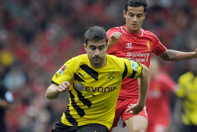 LIVERPOOL, ENGLAND - AUGUST 10:  Sokratis Papastathopoulos of Borussia Dortmund during the Pre Season Friendly match between Liverpool and Borussia Dortmund at Anfield on August 10, 2014 in Liverpool, England. (Photo by Clint Hughes/Getty Images)