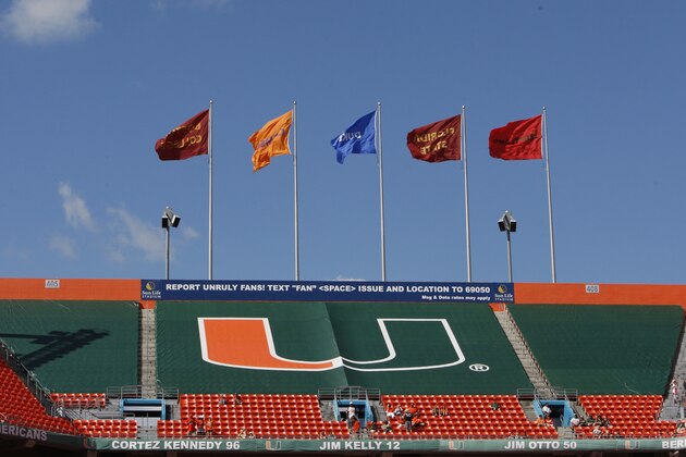 Part of the interior of Sun Life Stadium is shown before the start of an NCAA football game between the Miami Hurricanes and the Georgia Tech Yellow Jackets, Saturday, Oct. 22, 2011 in Miami. (AP Photo/Wilfredo Lee)