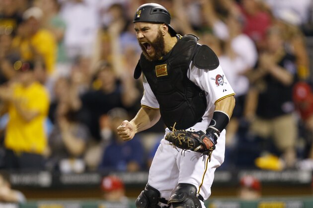 Pittsburgh Pirates catcher Russell Martin reacts after the Pirates completed an inning-ending bases-loaded double play on a grounder by St. Louis Cardinals' Oscar Taveras in the sixth inning of a baseball game Monday, Aug. 25, 2014, in Pittsburgh. (AP Photo/Keith Srakocic) Pittsburgh Pirates catcher Russell Martin reacts after the Pirates completed an inning-ending bases-loaded double play on a grounder by St. Louis Cardinals' Oscar Taveras in the sixth inning of a baseball game Monday, Aug. 25, 2014, in Pittsburgh. (AP Photo/Keith Srakocic)