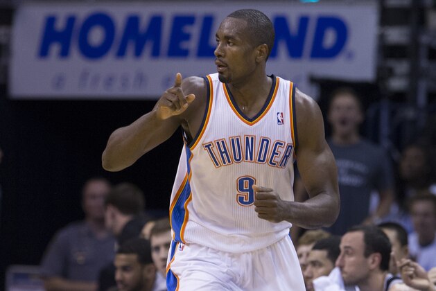 OKLAHOMA CITY, OK - May 31: Serge Ibaka #9 of the Oklahoma City Thunder celebrates in Game 6 of the Western Conference Finals against the San Antonio Spurs during the 2014 NBA Playoffs at the Chesapeake Energy Arena on May 31, 2014 in Oklahoma City, Oklahoma. NOTE TO USER: User expressly acknowledges and agrees that, by downloading and/or using this photograph, user is consenting to the terms and conditions of the Getty Images License Agreement. Mandatory Copyright Notice: Copyright 2014 NBAE (Photo by Richard Rowe/NBAE via Getty Images) OKLAHOMA CITY, OK - May 31: Serge Ibaka #9 of the Oklahoma City Thunder celebrates in Game 6 of the Western Conference Finals against the San Antonio Spurs during the 2014 NBA Playoffs at the Chesapeake Energy Arena on May 31, 2014 in Oklahoma City, Oklahoma. NOTE TO USER: User expressly acknowledges and agrees that, by downloading and/or using this photograph, user is consenting to the terms and conditions of the Getty Images License Agreement. Mandatory Copyright Notice: Copyright 2014 NBAE (Photo by Richard Rowe/NBAE via Getty Images)