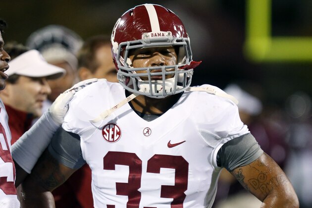 Alabama linebacker Trey DePriest (33) takes a break during pre-game warmups prior to the start an NCAA college football game against Mississippi State, Saturday, Nov. 16, 2013, in Starkville, Miss. Alabama won 20-7. (AP Photo/Rogelio Solis)
