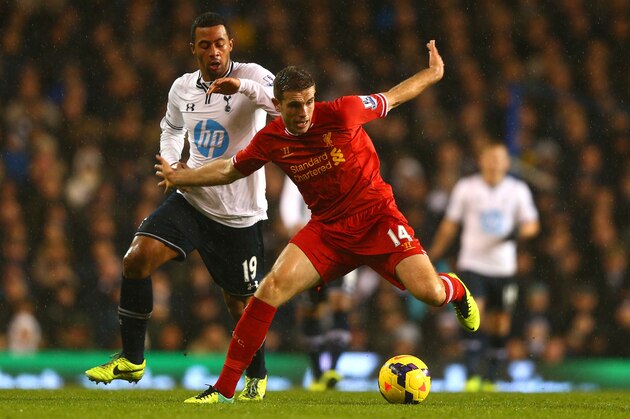 LONDON, ENGLAND - DECEMBER 15:  Jordan Henderson of Liverpool is marked by Mousa Dembele of Tottenham Hotspur during the Barclays Premier League match between Tottenham Hotspur and Liverpool at White Hart Lane on December 15, 2013 in London, England.  (Photo by Paul Gilham/Getty Images)