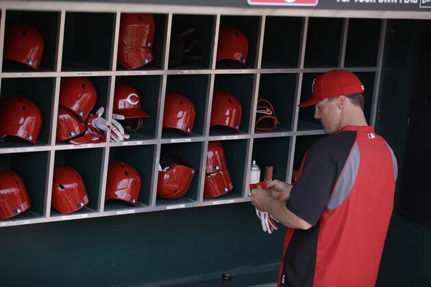 Cincinnati Reds right fielder Jay Bruce gets his batting gloves prior to a baseball game against the St. Louis Cardinals, Monday, March 31, 2014, on opening day in Cincinnati. (AP Photo/Al Behrman)