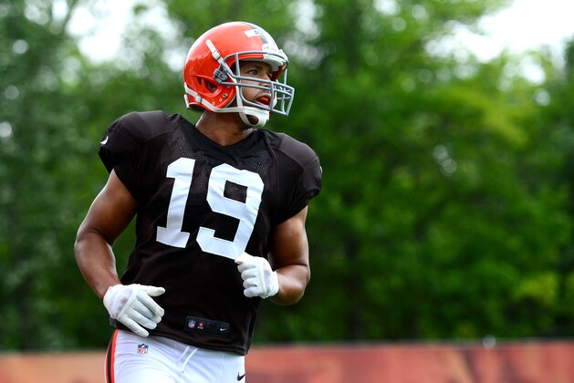 Jul 28, 2014; Berea, OH, USA; Cleveland Browns wide receiver Miles Austin (19) during training camp at Cleveland Browns training facility. Mandatory Credit: Andrew Weber-USA TODAY Sports