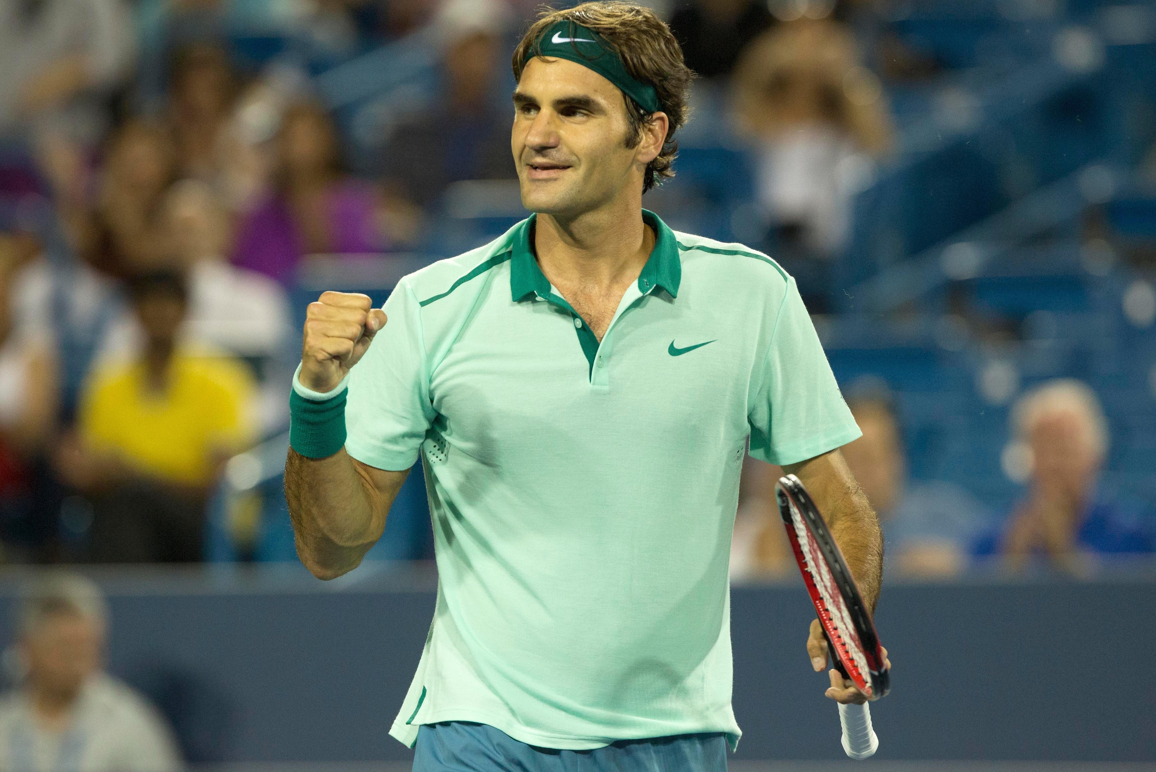 Aug 16, 2014; Cincinnati, OH, USA; Roger Federer (SUI) reacts to defeating Milos Raonic (not pictured) on day six of the Western and Southern Open tennis tournament at Linder Family Tennis Center. Mandatory Credit: Aaron Doster-USA TODAY Sports