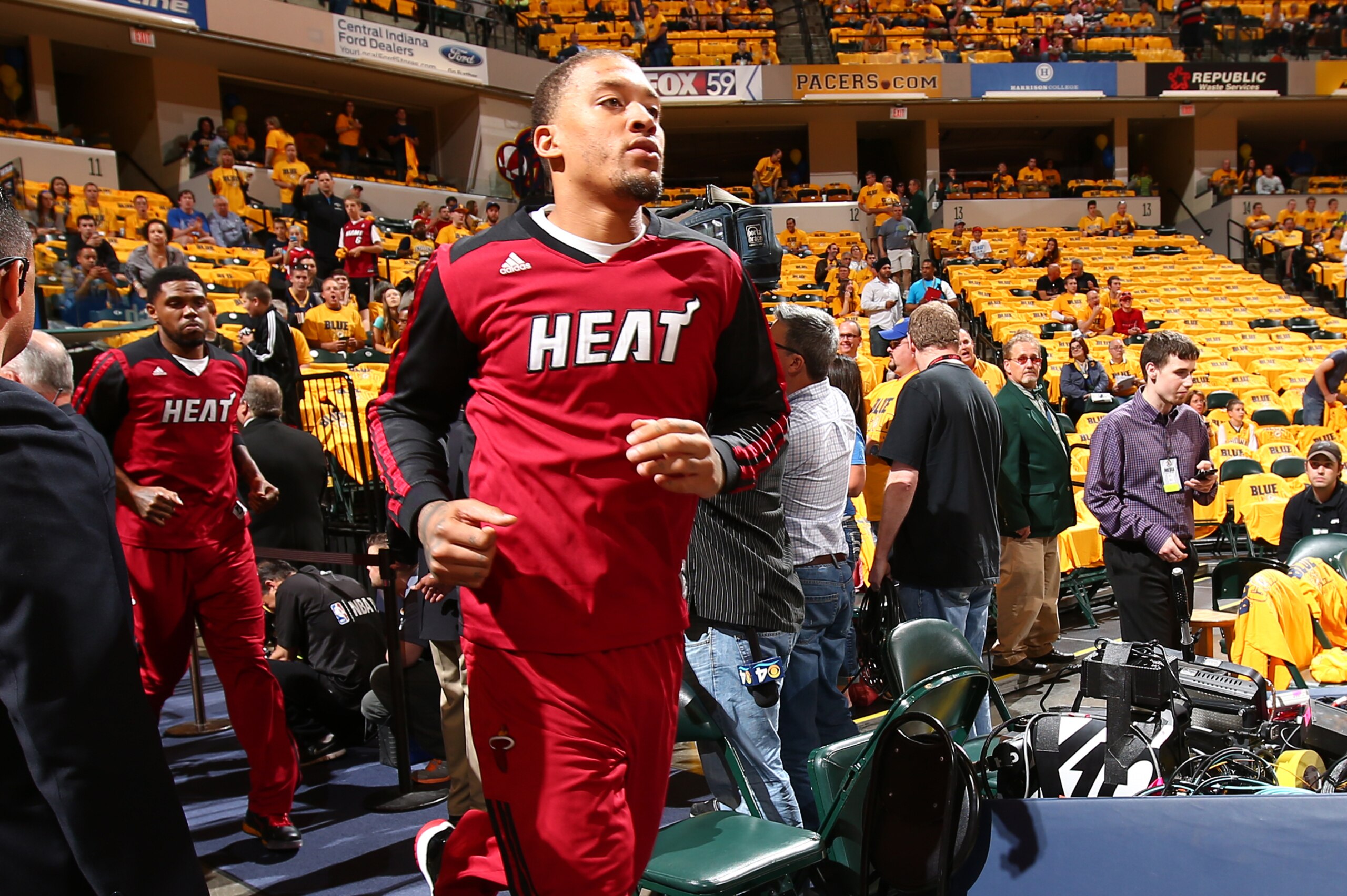 INDIANAPOLIS, IN - MAY 18:  Michael Beasley #8 of the Miami Heat runs out before Game One of the Eastern Conference Finals against the Indiana Pacers on May 18, 2014 at Bankers Life Fieldhouse in Indianapolis, IN.  NOTE TO USER: User expressly acknowledges and agrees that, by downloading and or using this photograph, User is consenting to the terms and conditions of the Getty Images License Agreement. Mandatory Copyright Notice: Copyright 2014 NBAE  (Photo by Nathaniel S. Butler/NBAE via Getty Images)