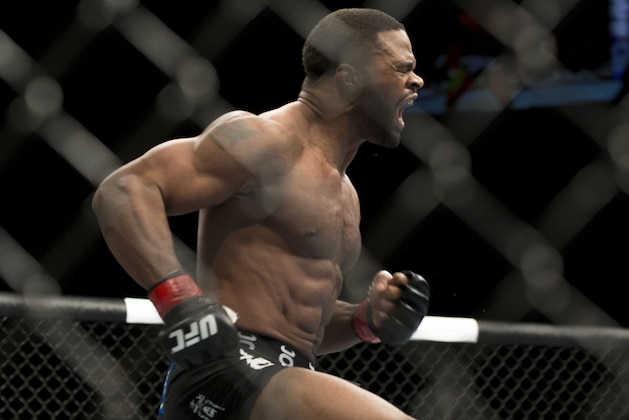 Tyron Woodley his first round KO victory over Jay Hieron during their UFC 156 welterweight mixed martial arts match, Saturday, Feb. 2, 2013 at The Mandalay Bay Resort & Casino in Las Vegas. (AP Photo/Eric Jamison)