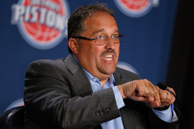 AUBURN HILLS, MI - MAY 15: Detroit Pistons head coach and President of Basketball Operations Stan Van Gundy talks during his introductory press conference at the Palace of Auburn Hills on May 15, 2014 in Auburn Hills, Michigan. NOTE TO USER: User expressly acknowledges and agrees that, by downloading and or using this photograph, User is consenting to the terms and conditions of the Getty Images License Agreement.  (Photo by Gregory Shamus/Getty Images)