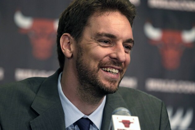 The Chicago Bulls newest acquisition, free agent forward/center Pau Gasol, speaks at an NBA news conference Friday, July 18, 2014, in Chicago. The Bulls are hoping Gasol will help bolster their offensive attack after they struggled to score at times last year. Gasol a 13-year veteran of the NBA, comes to Chicago after spending the past six-plus seasons with the Los Angeles Lakers. (AP Photo/M. Spencer Green)