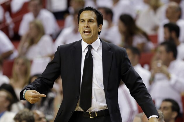 Miami Heat head coach Erik Spoelstra gestures during the first half Game 6 in the NBA basketball playoffs Eastern Conference finals against the Indiana Pacers, Friday, May 30, 2014, in Miami. (AP Photo/Lynne Sladky)