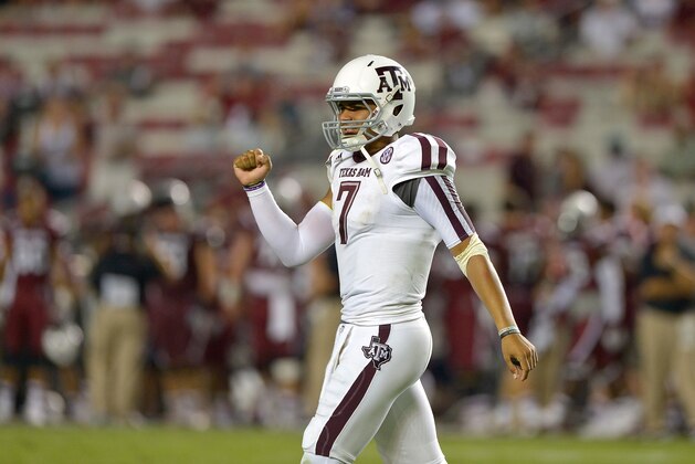 COLUMBIA, SC - AUGUST 28:  Kenny Hill #7 of the Texas A&M Aggies reacts a time expires in a win over the South Carolina Gamecocks at Williams-Brice Stadium on August 28, 2014 in Columbia, South Carolina. Texas A&M won 52-28.  (Photo by Grant Halverson/Getty Images)