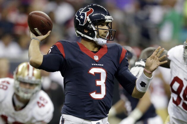 Houston Texans' Tom Savage (3) throws against the San Francisco 49ers during the third quarter of an NFL football preseason game Thursday, Aug. 28, 2014, in Houston. (AP Photo/Patric Schneider)