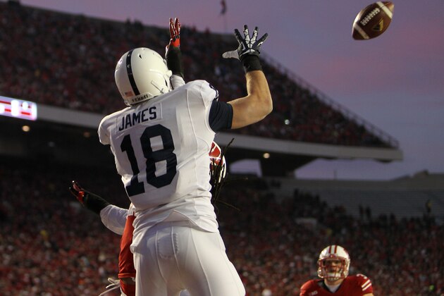 MADISON, WI - NOVEMBER 30: Jesse James #18 of the Penn State Nittany Lions makes the catch in the endzone for a touchdown during the second half against the Wisconsin Badgers at Camp Randall Stadium on November 30, 2013 in Madison, Wisconsin. (Photo by Mike McGinnis/Getty Images)