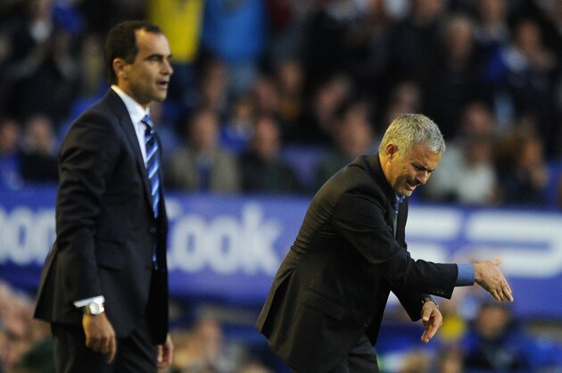 LIVERPOOL, ENGLAND - SEPTEMBER 14:  Chelsea Manager Jose Mourinho and Everton Manager Roberto Martinez (L) react during the Barclays Premier League match between Everton and Chelsea at Goodison Park on September 14, 2013 in Liverpool, England.  (Photo by Chris Brunskill/Getty Images)