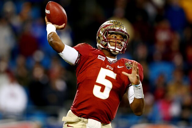 CHARLOTTE, NC - DECEMBER 07:  Quarterback Jameis Winston #5 of the Florida State Seminoles passes against the Duke Blue Devils during the ACC Championship game at Bank of America Stadium on December 7, 2013 in Charlotte, North Carolina.  (Photo by Streeter Lecka/Getty Images)