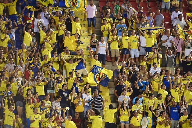 VALENCIA, SPAIN - AUGUST 24:  Villarreal CF fans gives support to their team during the la Liga match between Levante UD and Villarreal CF at Ciutat de Valencia on August 24, 2014 in Valencia, Spain.  (Photo by Manuel Queimadelos Alonso/Getty Images)