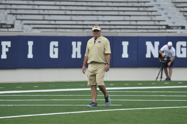 Notre Dame coach Brian Kelly during practice Saturday  Aug. 16, 2014 in South Bend, Ind. Notre Dame is scheduled to open their season against Rice Saturday Aug. 30, 2014 (AP Photo/Joe Raymond)