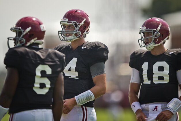 Alabama quarterbacks Blake Sims (6), Jake Coker  and Cooper Bateman (18) all stand in line waiting during throwing drills at an NCAA college football practice at Bryant–Denny Stadium on Tuesday, Aug. 12, 2014, in Tuscaloosa, Ala.(AP Photo/Brynn Anderson)