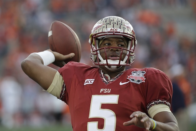 Florida State quarterback Jameis Winston warms up before the NCAA BCS National Championship college football game against Auburn Monday, Jan. 6, 2014, in Pasadena, Calif. (AP Photo/David J. Phillip)