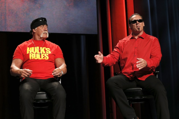 WWE Hall of Famer Hulk Hogan and Sting attend the SummerSlam Confidential Panel on at Club Nokia, on Saturday, August 16, 2014 in Los Angeles. (Photo by Todd Williamson/Invision for 2K/AP Images)